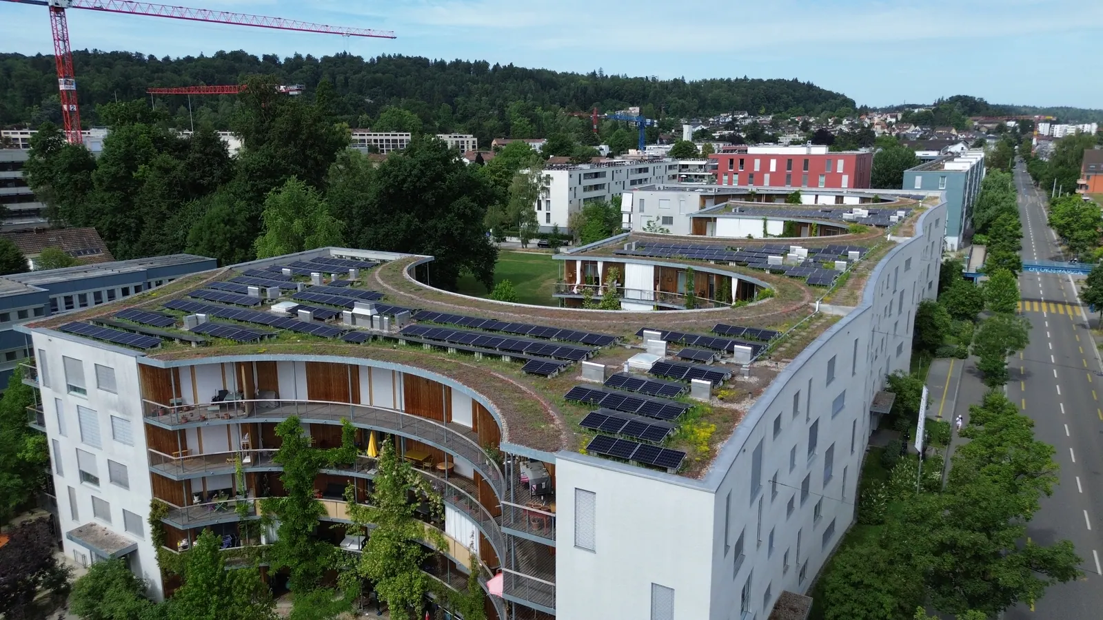 Drohnenaufnahme: Innenhof einer Siedlung mit Photovoltaik auf den geschwungenen Dächern